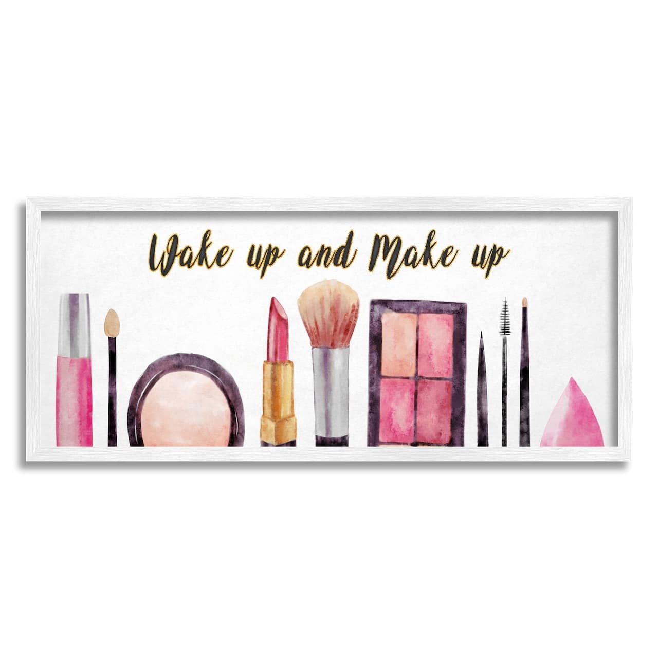 Stupell Industries Wake Up Make Up Watercolor Pink Grey Fashion Word Design Framed Wall Art